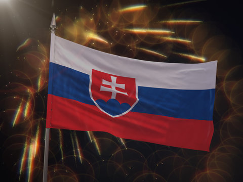 Flag of Slovakia with fireworks display in the background