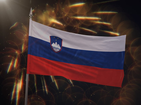 Flag of Slovenia with fireworks display in the background