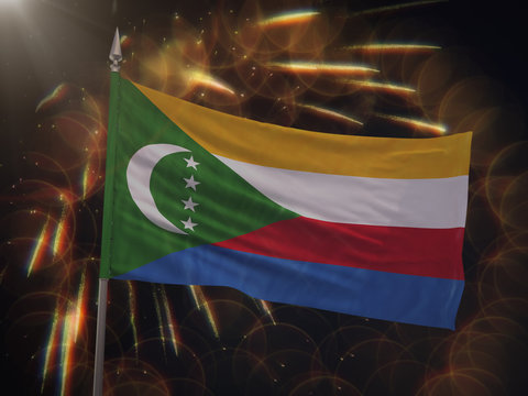 Flag of the Comoros with fireworks display in the background