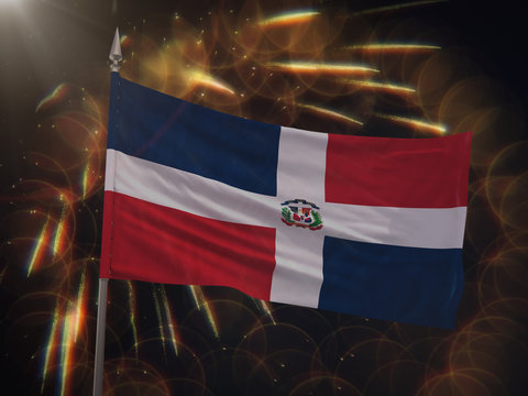 Flag of the Dominican Republic with fireworks display in the background