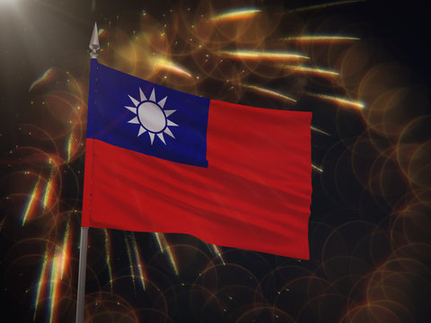 Flag of the Republic of China with fireworks display in the background