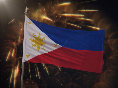 Flag of the Philippines with fireworks display in the background