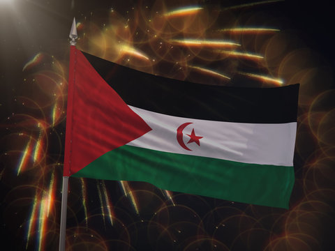 Flag of the Sahrawi Arab Democratic Republic with fireworks display in the background