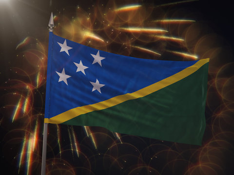 Flag of the Solomon Islands with fireworks display in the background
