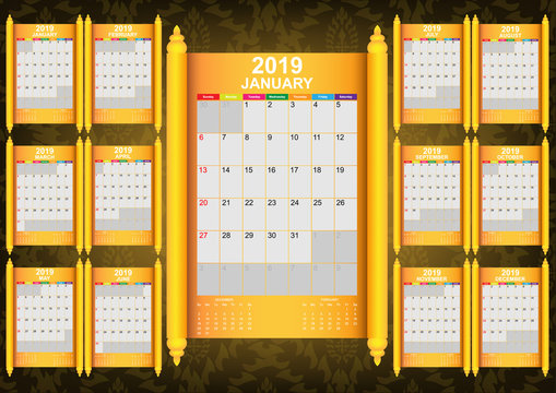 Calendar 2019 template and design with background collection. Vector EPS10