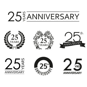 25 years anniversary icon set. 25th anniversary celebration logo. Design elements for birthday, invitation, wedding jubilee. Vector illustration.