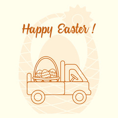 Truck carrying a basket of decorated eggs.