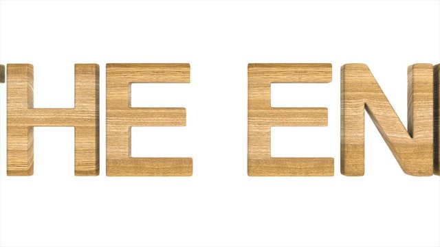 The end. wooden text on white background. Isolated 3D render