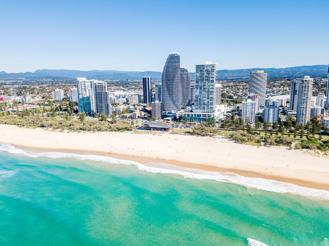 An aerial view of Broadbeach on the Gold Coast with blue water