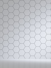 3d render of white interior with hexagonal panels on wall