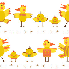 Pattern - cartoon chicken family on a white background. 