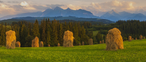 Haystacks at the foot of the mountains,spring panorama of the Tatra Mountains, Poland