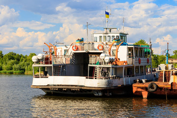 Ferryboat at the wharf on the river Dnieper, Ukraine