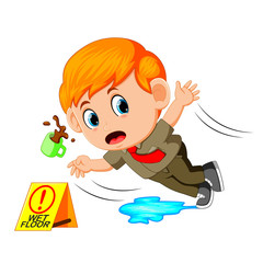 boy slipping on wet floor 