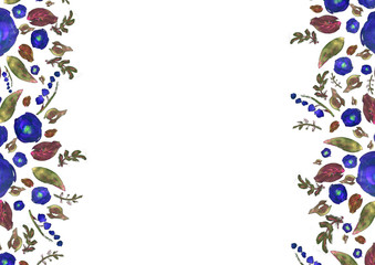 Painted watercolor composition with flowers and leaves. Frame of roses. Floral border. Can be used as invitation card for wedding, birthday, other holiday, summer background, poster, banner.