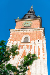 vertical photograph on a sunny day Tower of the Hall in the main square of Krakow in Poland