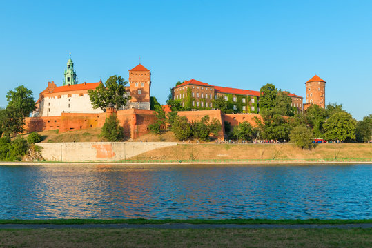 Krakow, Poland - August 11, 2017: on a hill on the bank of the Vistula river landmark of the town of Wawel Castle