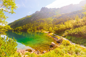 Mountain landscape - view of the Tatra Mountains and Lake Morskoy Oko on a sunny day