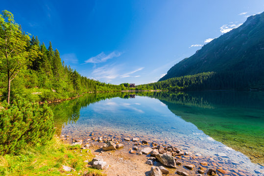 Lake Morskoye Oko, surrounded by forests in the Tatra Mountains, Poland