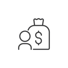 Obraz premium Man with money bag outline icon. linear style sign for mobile concept and web design. Salary simple line vector icon. Symbol, logo illustration. Pixel perfect vector graphics