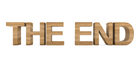 The end. wooden text on white background. Isolated 3D illustration