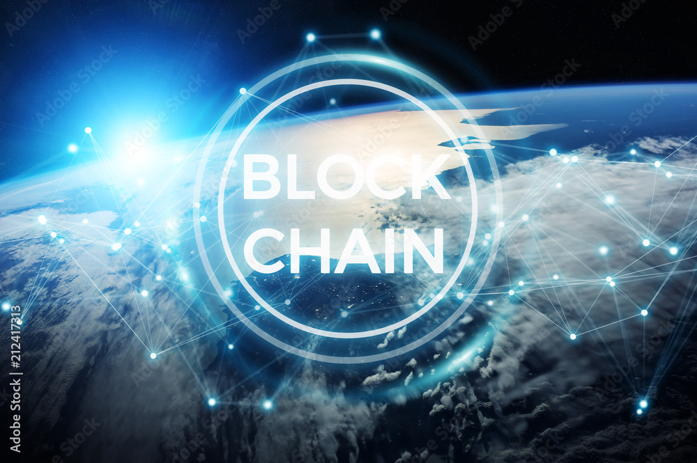 Poster Blockchain on planet Earth 3D rendering