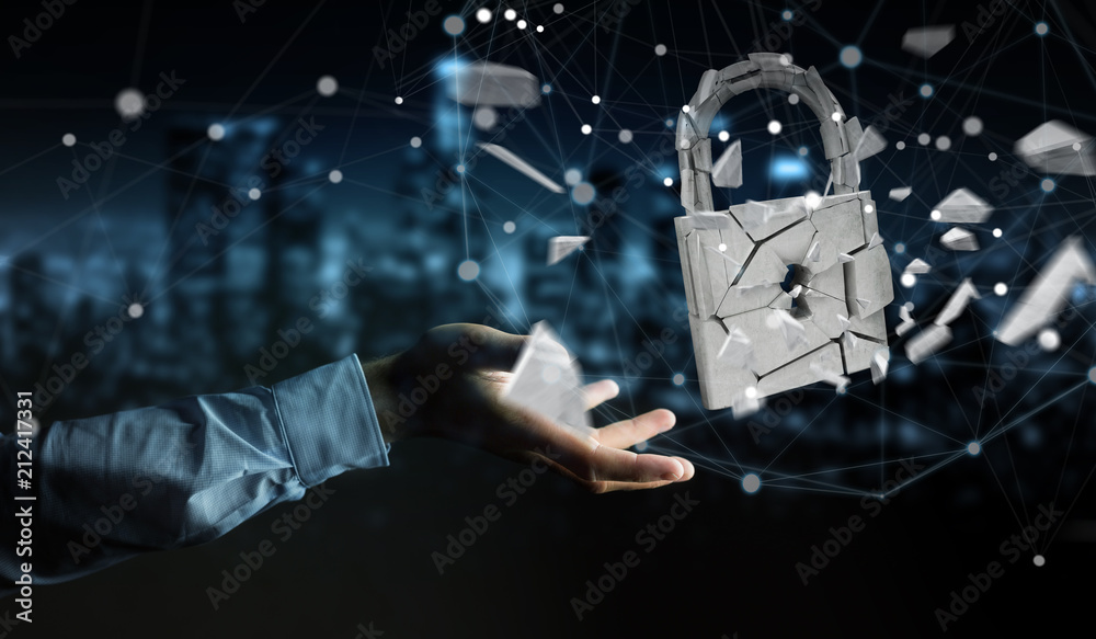Poster Businessman hacking in broken padlock security 3D rendering