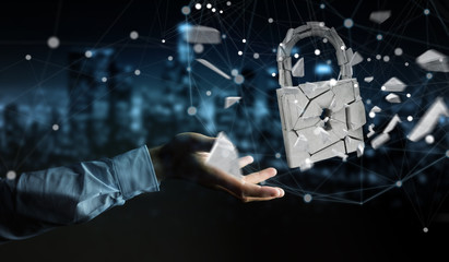 Businessman hacking in broken padlock security 3D rendering