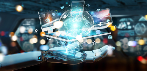 White cyborg hand connecting devices together 3D rendering