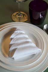 close up of napkin in the shape of christmas tree on a white plate
