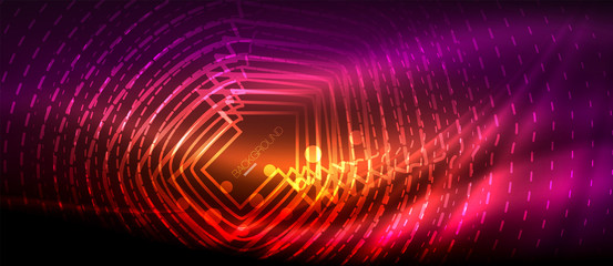 Neon glowing wave, magic energy and light motion background. Wallpaper template, hi-tech future concept