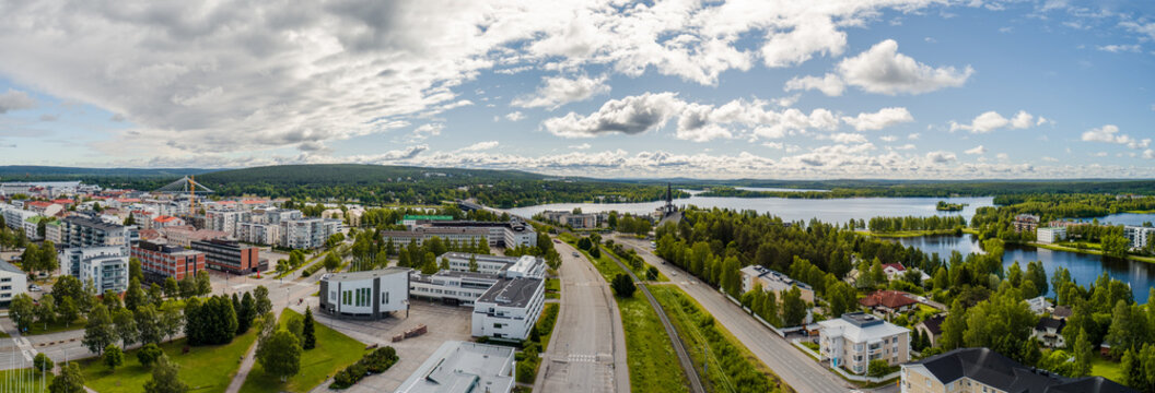 Rovaniemi Finland, panorama of the city with Kemijoki river in the back and Ounasvaara fell