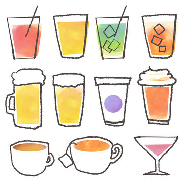 飲み物セット　ドリンク　ジュース　手描き　水彩