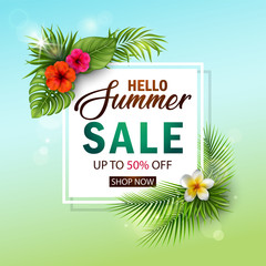 Summer sale banner with tropical flowers and leaves for promotion
