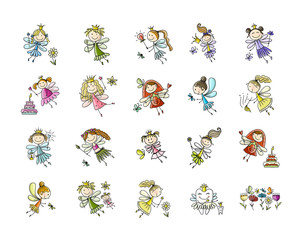 Fototapeta premium Cute little fairies collection, sketch for your design