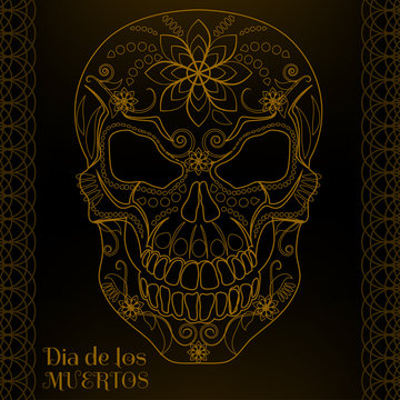 Patterned gold skull in black background for the day of the Dead. Dia de los Muertos. Vector illustration.