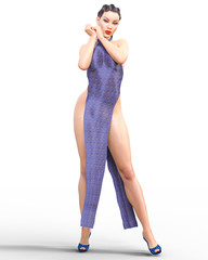 3D beautiful young attractive woman extravagant sexy loin dress.Woman studio photography.High heel.Conceptual fashion art.Seductive candid pose.Realistic render.Summer collection clothes
