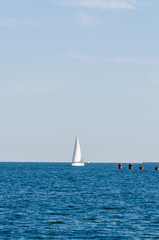 Seascape with white yacht on the sea in Odesa