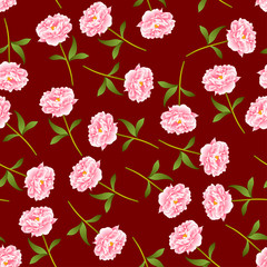 Pink Peony Seamless on Red Background.