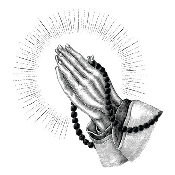 Praying hand drawing with rays vintage clip art isolated on white background