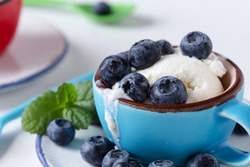 Vanilla ice cream with fresh blueberries