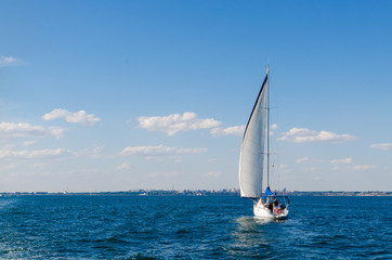 Fototapeta premium Seascape with white yacht on the sea in Odesa