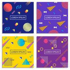 Memphis style cover set. Banner, card, poster template with geometric patterns and shapes. Abstract Fashion design. Vector illustration.