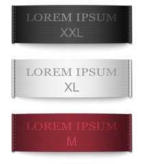 Set of black, white, red color fabric tags isolated on white background. Vector template label design.