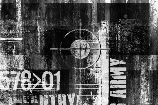 Crosshair sign on old grungy surface. Rifle scope symbol. Target mark. Us army text. Grunge black and white illustration