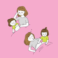 Cartoon cute mom and baby scratch bally sleeping vector.