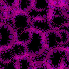 Vector abstract pastel seamless pattern of lilac gears and flowers on a black background for tissue or paper.
