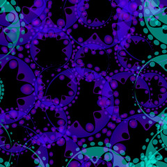 Vector abstract bright pattern of blue and blue tentacles and flowers on a black background for tissue or paper.