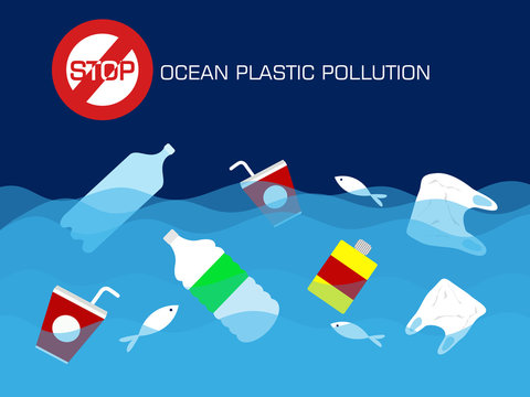 Stop plastic ocean pollution concept. vector illustration.