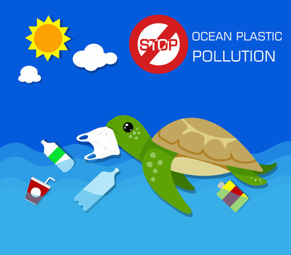 Plastic pollution in ocean environmental problem. Turtles can eat plastic bags mistaking them for jellyfish. vector illustration.
